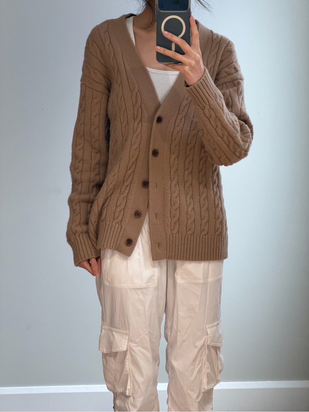 Sunday Best Cable Knit V-Neck Cardigan in Tan